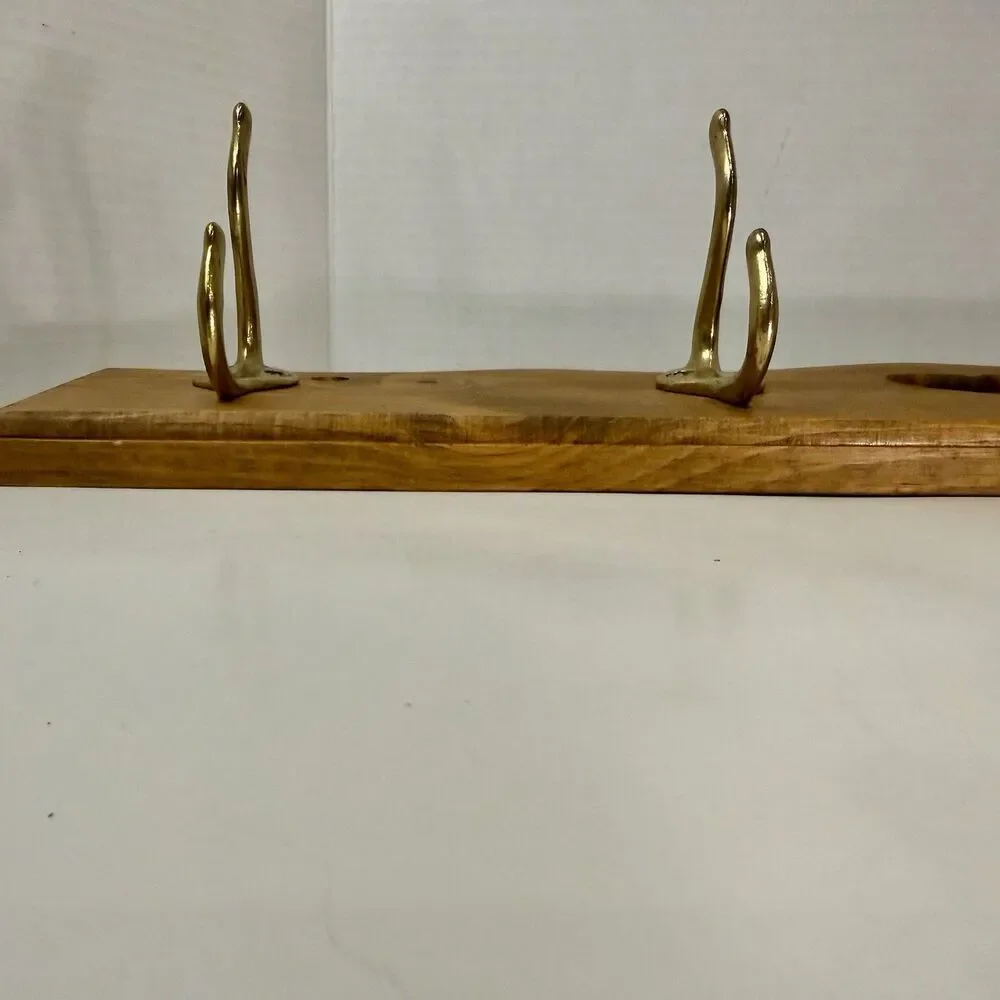 Vintage 22” Wood Heart Cutout Wall Coat Rack 4 Brass Hooks Cottagecore Farmhouse